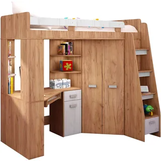 FurnitureByJDM Hochbett mit Schreibtisch, Schubladen, Regalen und Kleiderschrank - 80x200 cm Bettgröße - Rechtsseitige Treppe – ANTRESOLA (Craft Gold/Craft White)