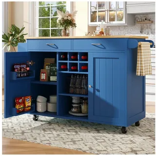 HAUSS SPOLE Kücheninsel Küchenschrank, buffetschrank, Speisewagen mit Speicherraum, Blau, (Moderne Kücheninsel mit Holzmaserung – Multifunktionaler Speisewagen, flexibler Stauraum, verstellbares Weinregal & 360° Lenkrollen – Perfekt für Küche, Esszimmer & Werkstatt) 45 cm x 92 cm x 102 cm