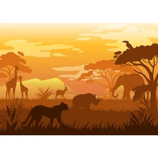CORFOTO 2.1x1.5m Afrikanische Landschaft Hintergrund Tropische Tiere Afrikanisches Grasland Leopard, Giraffe, Nashorn, Elefant Silhouetten Hintergrund Afrika Safari Party Hintergrund