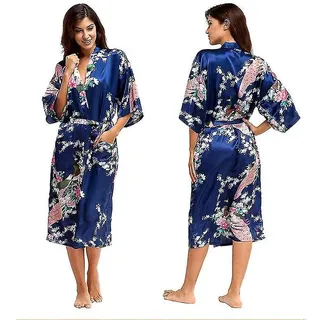 Langer Damen-kimono Aus Weichem, Luxuriösem Seidensatin – Größe 3xl – Dunkelblau