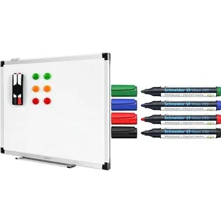 Amazon Basics Magnetisches Whiteboard mit Stiftablage und Aluminiumleisten, 60 cm x 45 cm (B x H) & Schneider Maxx 290 Marker (für Whiteboards und Flipcharts, Rundspitze 2-3 mm) Etui mit 4 Farben