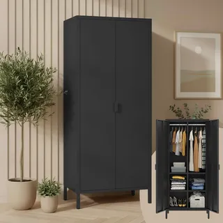 skølm Ituri Metallschrank Schwarz – Kleiderschrank mit 6 Fächern & 2 Kleiderstangen – Garderobenschrank Flur 80 cm breit – Schlafzimmerschrank Industrial Style – Stahlschrank für Wohnzimmer & Büro