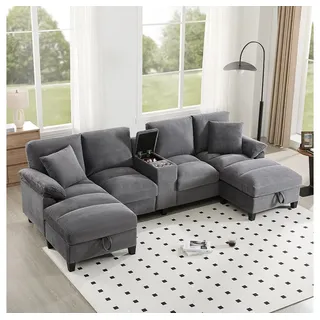 Sweiko Sofa 4-Sitzer-Sofa in U-Form, mit Cordstoff und Kissen, Stauraum, Getränkehaltern aus Edelstahl und zwei USB-Anschlüssen grau
