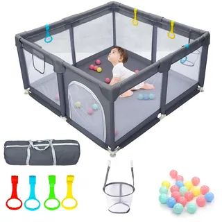 CHOLY Baby Playpen for Babies and Toddlers, Durable Play Pen | Visible Breathable Mesh, Foam Protection, Easy to Assemble Infant Fence -128 ×128cm(Dunkelgrau, 128*128cm)