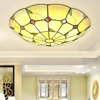 LOGT Retro Deckenlampe Tiffany Glas Vintage Deckenleuchte Runde Barock Decken Leuchte Innen Dekorative Beleuchtung Lampe Skandinavischer Stil Decken Lampe Mediterrane Glas Lampenschirm,40CM
