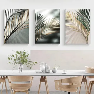 YLHKME Moderne Grün Blätter Bilder Leinwand Malerei, Gold Pflanze Wandbilder Wohnzimmer Schlafzimmer Deko Poster Kunstdrucke,Ohne Rahmen (Rahmenlos,3X50X70CM)