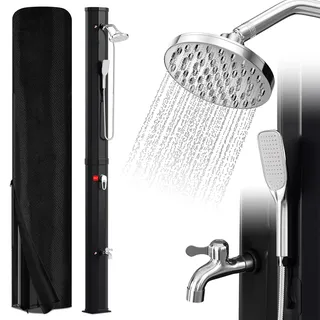 Eulenke Solardusche 40L Solar Gartendusche mit 360°Regenduschkopf, Wasserhahn und handbrause, Warmes Wasser Max. 60°C, ohne Stromanschluss, Pooldusche mit Schutzhaube-Ablassschraube, Schwarz