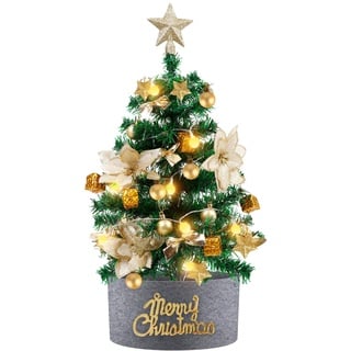 Winthai Weihnachtsbaum 60cm Künstlich Klein, Mini mit Beleuchtung LED, Goldene Blume, Baumschürze, Tannenzapfen, Stern, usw. Tisch Tannenbaum Weihnachten Deko für Büro.