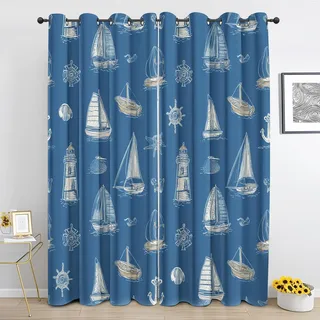 Generisch Nautisch Segelboot Gardinen mit Ösen, Leuchtturm Seitenruder Blickdicht Vorhänge, Blau Maritim Thermo Vorhang 2er Set für Schlafzimmer und Wohnzimmer, 140 x 115 cm (H x B)