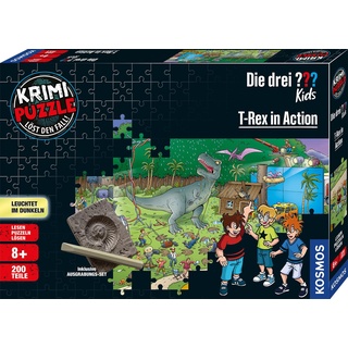 Die drei ??? Kids - Krimi Puzzle - T-Rex in Action von KOSMOS 680657, 200 Teile, Leuchtet im Dunkeln, Lesen, Puzzeln, Rätsel lösen, Detektiv Puzzle für Kinder ab 8 Jahre