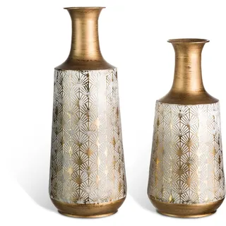 Boden-Metallvase, dekorativ, Vintage, goldfarben/weiß, Metallvase, Set mit 2 Stück, rustikale Used-Finish, große glasierte Metallvase für Heimdekoration