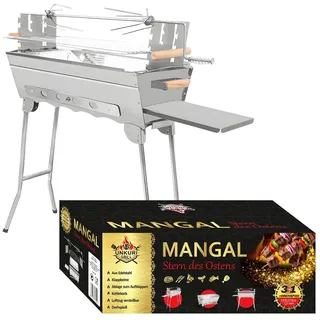 Mangal Holzkohlegrill aus Edelstahl – 3-in-1 mit Drehspieß, Ablage & Klappbeinen