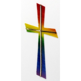Verziermaterial Wachsmotiv Kreuz regenbogen mit goldfarbigen Wachsstreifen 11 x 5 cm - Wachsornament Kreuz, Wachsdekore für Kerzen - 9684 - zum Kerzen gestalten und basteln.