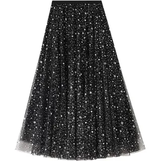 Geagodelia Tüllrock Damen Mädchen Elegante Weiche Lange Sommerrock Maxirock Vintage Tütü Tüll Rock Karneval Fasching One Size 36/38/40 F-46162 (Sterne-Schwarz) - 38