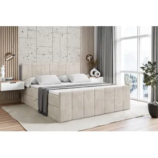 altdecor Boxspringbett mit Fußteil, H3 Matratze und Topper - 180x200 cm - MOETI-Z - Taupe Samt - Polsterbett mit Bettkasten und Lattenrost, Bett m... - Creme