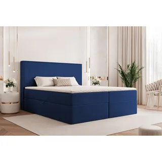 Goldstoff Boxspringbett Modernes Komfortbett "NORDIC DREAM" mit Stauraum & stilvollem Kopfteil (120–200x200 cm, Seitenhöhe: 54 cm), Komfortables Stauraumbett mit Bonellfederkern & Komforthöhe blau
