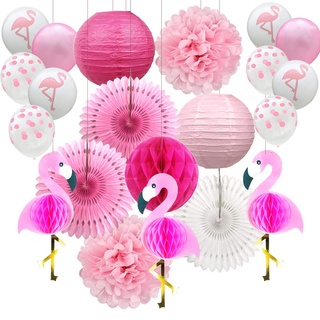 YZNlife Flamingo Party Dekoration, 21PCS Party Deko Set, Hochzeit Dekoration Geburtstagsdeko Bunt Partydeko, mit Wabenbälle, Ballons, Papier Pom Poms und Papierblumen, für Festival Hawaii Party