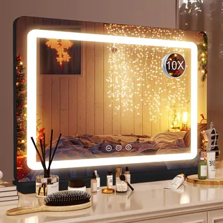 Saimeihome Schminkspiegel mit Beleuchtung Groß Schminkspiegel 3 Lichtfarben Hollywood Spiegel mit USB und 10X Lupe, Touch Control Kosmetikspiegel für Tischplatte oder Wandhalterung 80x55cm Schwarz