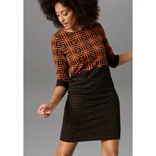 Jerseykleid ANISTON SELECTED Gr. 48, N-Gr, orange (zimt, schwarz, gemustert) Damen Kleider Jerseykleid Strickkleid Freizeitkleider mit modernem Muster- und Punkte-Design