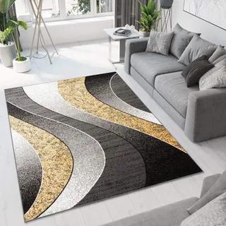 TAPISO Dream Teppich Wohnzimmer Schlafzimmer Esszimmer Kurzflor Modern Meliert Wellen Grau Dunkelgrau Gold Gelb ÖKOTEX 150 x 240 cm