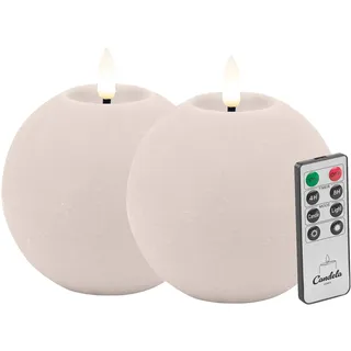 Candela LED Kerzen 2er Set H:8xØ10cm Summer Pink rustic Echtwachs mit Fernbedienung Timer Funktion & mehrstufig dimmbar flammenlos Echtwachskerzen Kugelkerze