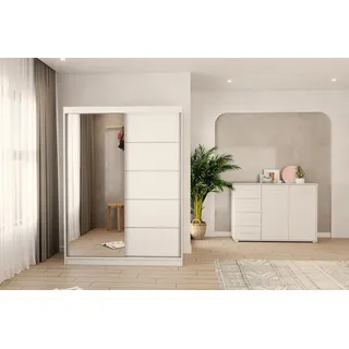 2er-Set Schwebetürenschrank Schrank Kleiderschrank mit Spiegel Weiß/Weiß 150cm Vista 05 mit Kommode 135cm FRIDA 01 - Weiß