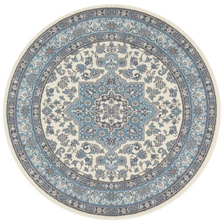 Nouristan Mirkan Orient Rund – Wohnzimmerteppich Kurzflor Vintage Orientalischer Teppich für Esszimmer, Wohnzimmer, Schlafzimmer – Creme Himmelblau, 160cm, Polypropylen, ø 160 cm