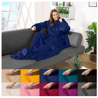 heimtexland ® Ärmeldecke TV Kuscheldecke mit Ärmeln Taschen Fußsack Super Soft Flanell tragbare Decke Ganzkörperdecke Typ870 Royalblau 180x150 cm