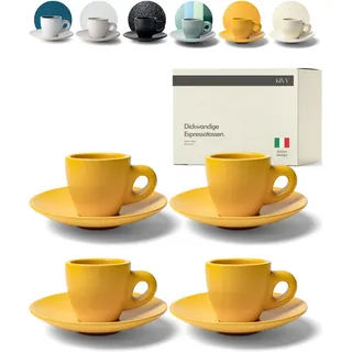 KIVY Espresso Tassen Set [4x 75ml] - Espressotassen mit Untertassen - Handgefertigte Espresso Tassen dickwandig - Italienische Espressotassen - Espressotassen Steingut Dickwandig - Gelb Orange