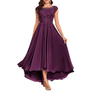 KURFACE Tee-Länge Brautmutter-Kleider für Hochzeit, Spitze, Chiffon, formelles Abendkleid mit Taschen, pflaume, 42 - 42