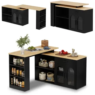 Merax Küchenschrank mit 360° Drehtisch, Kücheninsel mit Stauraum, Sideboard, Schreibtisch & Bartisch, Schubladen und Regalen, Schwarz