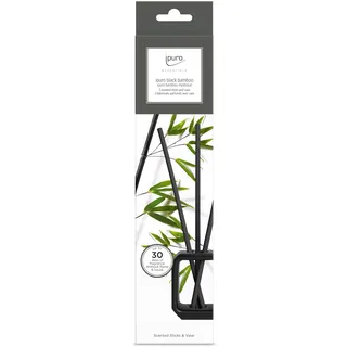 ipuro Essentials Scented Stick Black Bamboo Set mit Vase Schwarz - Raumerfrischer, Raumduft mit frischem Duft & stilvoller Keramikvase - Langanhaltender Duft ohne Flüssigkeit - Duftstäbchen aus Holz