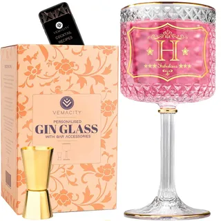 Vemacity Gin-Gläser-Set Personalisiert – Gin-Glas mit Gravur (H) | 3 Goldränder, Cocktail-Löffel & Jigger | Geschenkbox | Luxuriös Gewichtet | Ideal für Weihnachten und Neujahr
