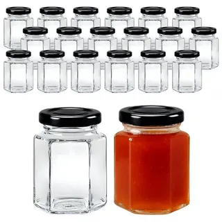 mikken Marmeladenglas kleine Einmachgläser 110 ml Glässchen mit Deckel und Etiketten, (Spar-Set, 20er Set), mit Twist-Off Deckel schwarz