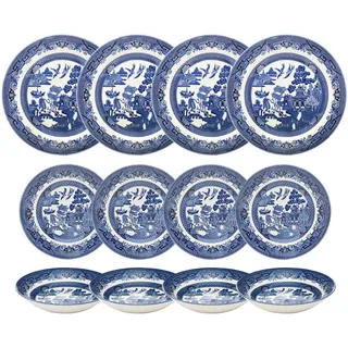 Churchill Blue Willow Teller Salatteller und Coupe Schalen 12 teiliges Geschirr-Set 12 Stück Set