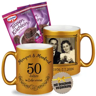 GRAZDesign Tasse Goldene Hochzeit, Geschenk-Idee zur Hochzeitstag, Geschenkset (50 Jahre in Liebe mit Foto)