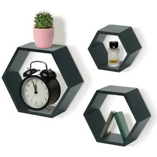 IvoQ Hexagon Wandregale – Schwarz – 3er Set – Schwebende Wandregale – Kiefernholz – Modernes Skandinavisches Design
