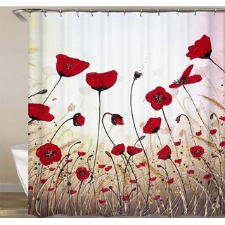 ETERIO Duschvorhang 240x200 Mohnblumen Rot, 3D Mohnblumen Rot Shower Curtains Textil Anti Schimmel Wasserdicht Duschvorhänge Badewanne Stoff Polyester Waschbar Vorhang mit 12 Haken
