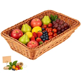 Tissting Brotkorb Geflochten 40 x 30 x 8 cm Rechteckig Große Obsttablett Schreibtisch Deko Brotkörbchen Speisen Korb Geschenkkorb Lebensmittelkorb für Brot Obst Gemüse