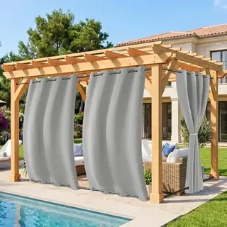 Rosnek Outdoor Vorhang Wetterfest Winddicht, Balkon Gardinen mit Ösen Oben & Unten, Blickdicht Wasserdicht Sonnenschutz Sichtschutz Gardinen für Terrasse,Pergola,Pavillon, H274x B132 cm, Hellgrau