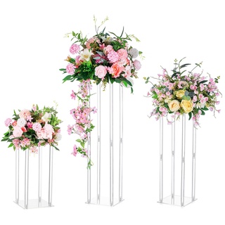 Nuptio Acryl Vase Hochzeit Tafelaufsätze - 3 Stück Hohe Klare Spalte Blumenvasen für Hochzeiten Geburtstag Party Tafelaufsatz Tisch Geometrische Ständer für Heimdekorationen (40cm/60cm/80cm)