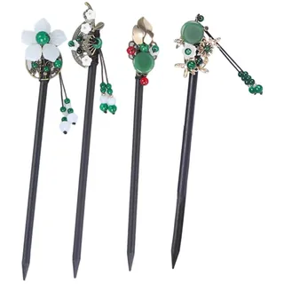 4 Stück chinesische Haarstäbchen für Frauen Japanische Haare Essstäbchen Zubehör Retro Rot Holz Kirsche Clips Handgefertigte Blume Tassel Geisha Kostüm für Mädchen Langes Haar (Grün)