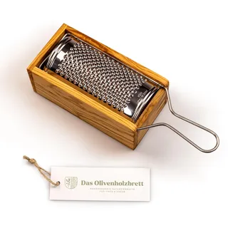 DAS OLIVENHOLZBRETT® Parmesanreibe Hartkäsereibe mit Behälter aus Olivenholz Holz (incl. Reibe 28cm)