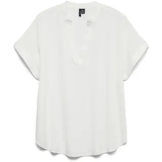 VERO MODA Damen Top Casual Splitneck umgeschlagene Ärmelbündchen Bluse Kurzarm, Farben:Weiß, Größe:XL