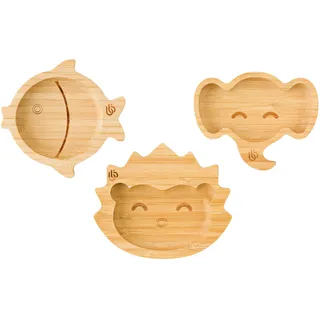bamboo bamboo ® Babyteller – Bambusteller für Kinder und Kleinkinder | Ungiftig | Kühl anzufassen | Ideal für die babygeführte Beikost (Trio aus Mini-Fisch-, Igel- und Elefantentellern)