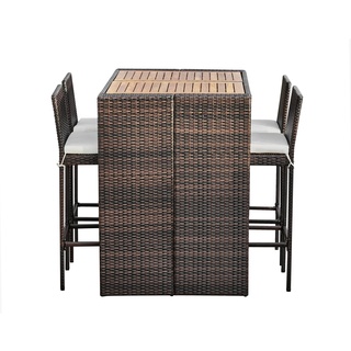Teamson Home 5-teilige Rattan-Gartenmöbel für den Außenbereich, Stehtisch, Esszimmertisch & Stuhl-Set für Wintergarten mit Holzplatte