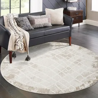 Carpet City Teppich Wohnzimmer - Creme - 200 cm Rund - Klassisch Modern - Vintage-Stil, Bordüre, Geo-Muster - Teppiche Kurzflor Schlafzimmer, Esszimmer