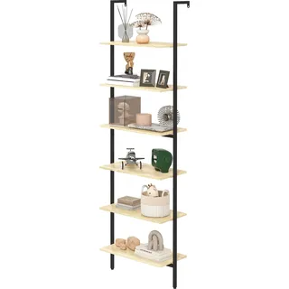 HOMCOM Wandregal Leiterregal Bücherregal Industriestil 6 Regale Schwarzer Stahl Natürliche Holzoptik - Maße 60L x 30B x 206H cm   Aosom