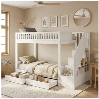 Odikalo Etagenbett 90x200 cm Kinder-Hochbett Holzbett mit Rausfallschutz, für 2 Kinder (Kinderbett Stockbett mit Stauraumtreppe, 2 Bettkästen und Rausfallschutz, platzsparendes Hochbett für Kinderzimmer)