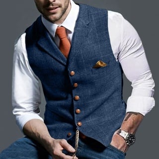 Herren Plaid Print Weste Mantel Revers Kragen Knopf-Reißverschluss Slim Fit Taschen Outwear Tops,Farbe: Blau,Größe:M